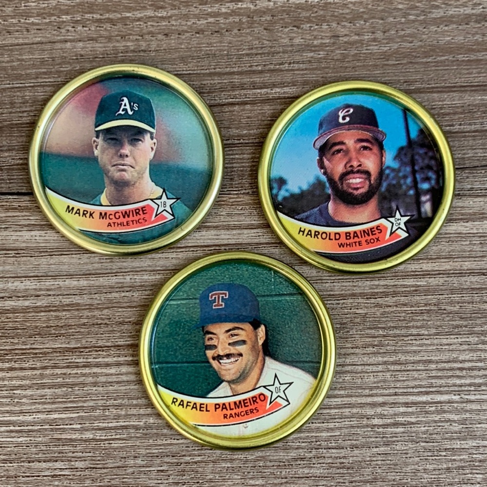 1989 Topps Sports Baseball Photo Coin Mark McGwire Harold Baines Rafael Palmiero